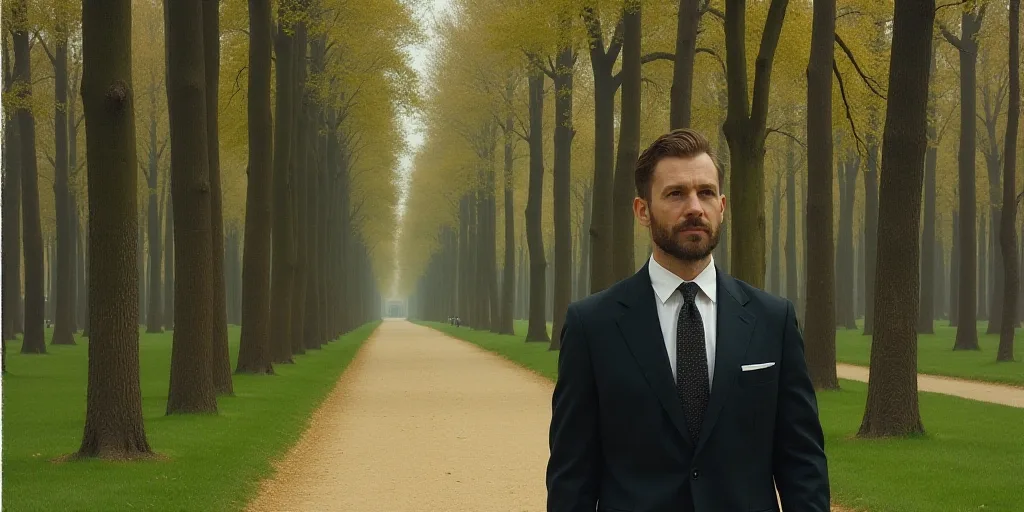 a man in a suit and tie walking in a park with trees in the background and a white tee in the foregr