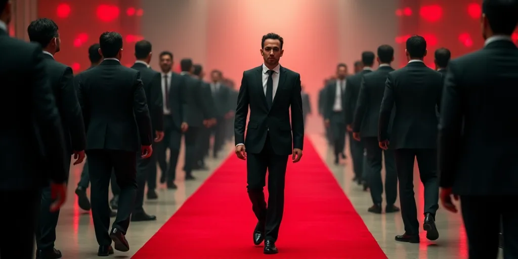 a man in a suit and tie walking down a red carpeted walkway with other men in suits and ties, Carlos