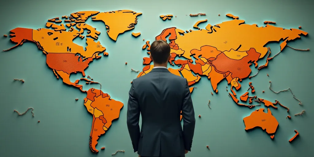 a man in a suit and tie with a percentage sign over a map of the world with money falling from it, A