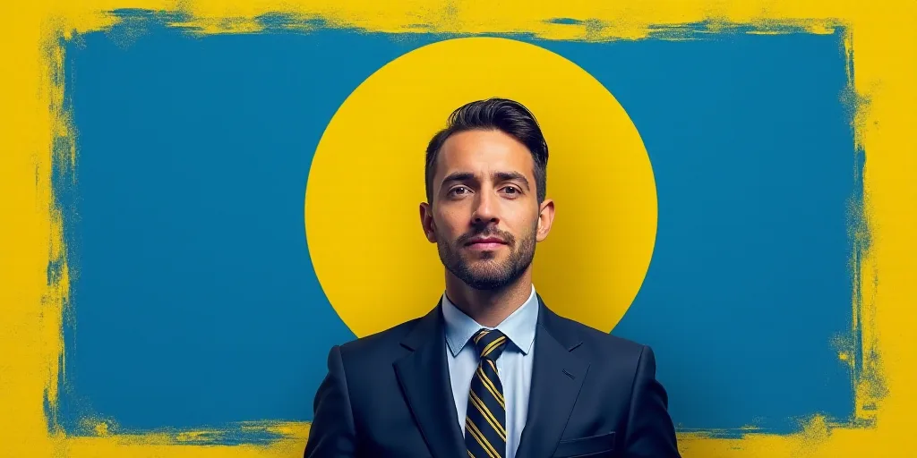 a man in a suit and tie with a blue background and a yellow border around him is a business card wit