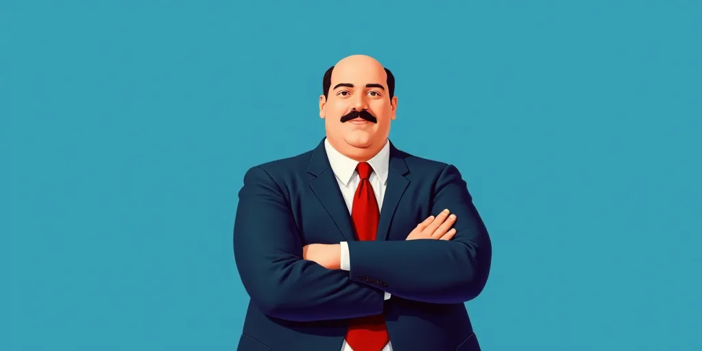 a man in a suit and tie with his arms crossed and his arms crossed, with a blue background, Fernando