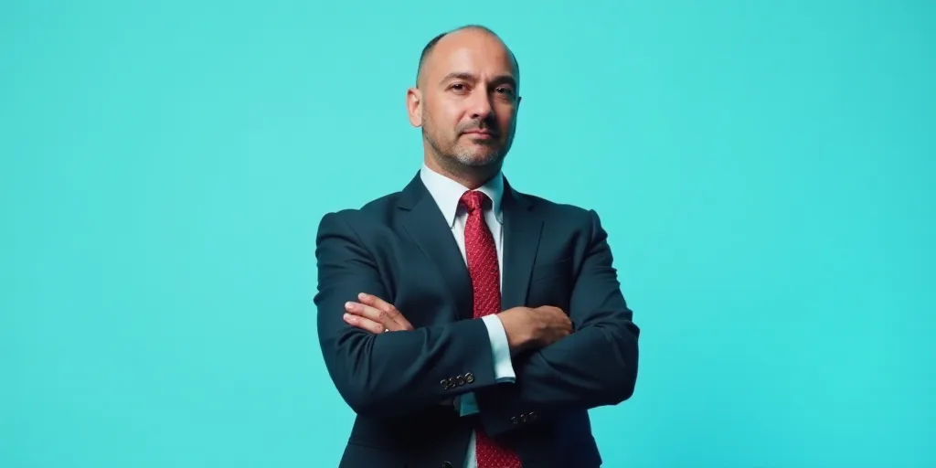 a man in a suit and tie with his arms crossed and his hands folded in front of him, with a blue back
