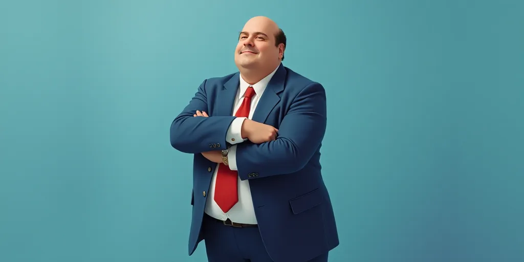 a man in a suit and tie with his arms crossed and his arms crossed, with a blue background, Fernando