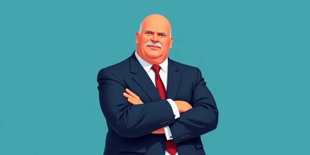a man in a suit and tie with his arms crossed and his arms crossed, with a blue background, Fernando