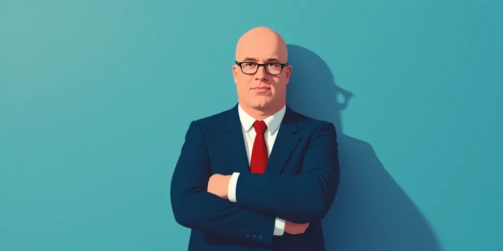 a man in a suit and tie with his arms crossed and his arms crossed, with a blue background, Fernando