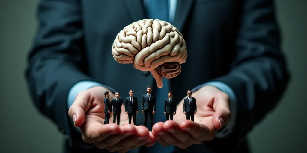 a man in a suit holding a small group of people in front of a brain model in his hands, Andries Stoc