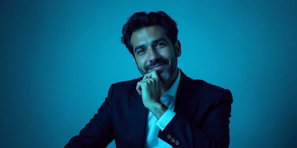 a man in a suit is posing for a picture with his chin resting on his hand, with a blue background, A