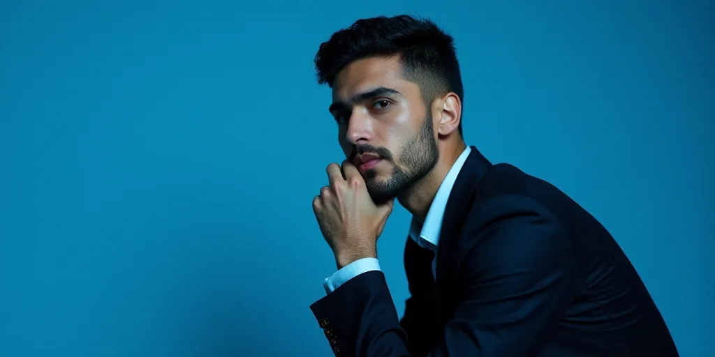 a man in a suit is posing for a picture with his chin resting on his hand, with a blue background, A