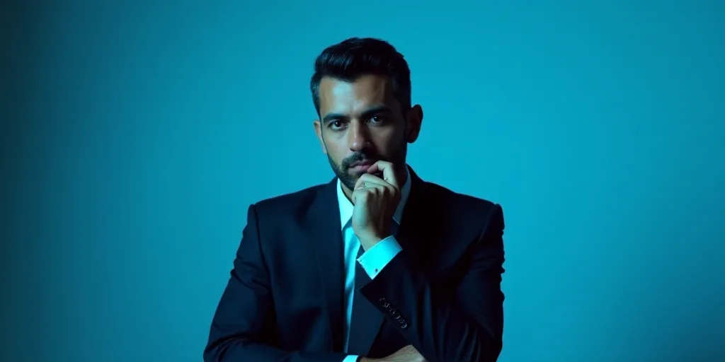 a man in a suit is posing for a picture with his chin resting on his hand, with a blue background, A