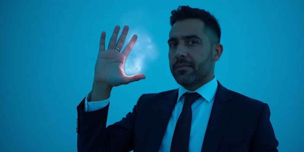 a man in a suit is posing for a picture with his chin resting on his hand, with a blue background, A