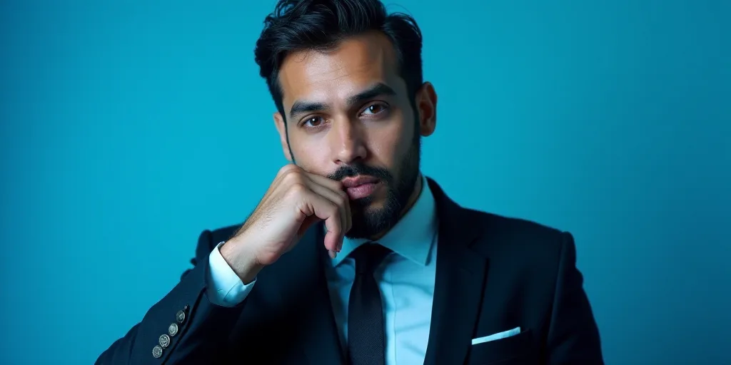 a man in a suit is posing for a picture with his chin resting on his hand, with a blue background, A