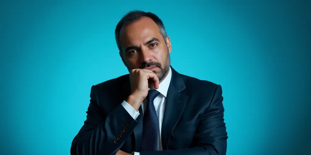 a man in a suit is posing for a picture with his chin resting on his hand, with a blue background, A