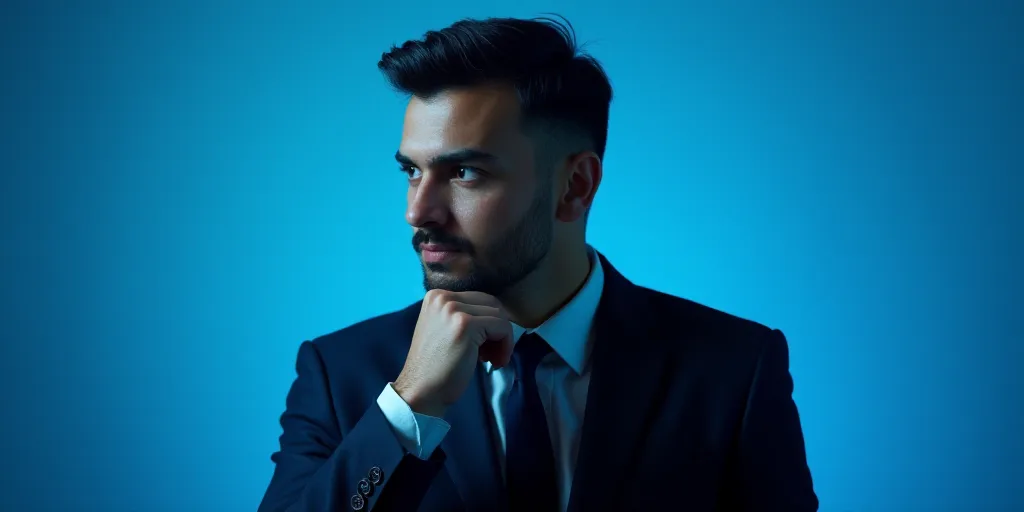 a man in a suit is posing for a picture with his chin resting on his hand, with a blue background, A