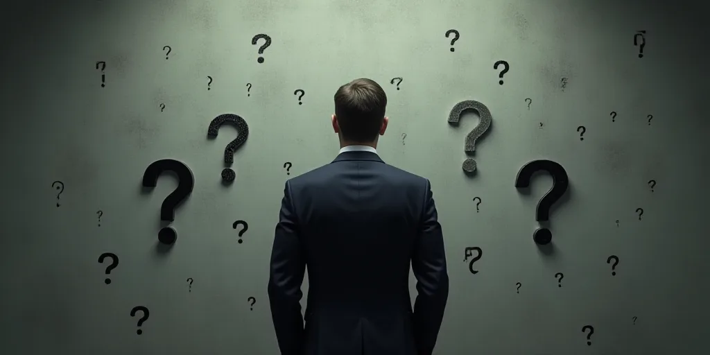 a man in a suit is standing in front of a wall with question marks on it and a lot of question marks