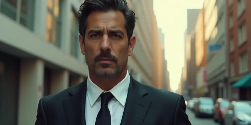 a man in a suit looking at the camera with a building in the background and a caption in spanish, Ed