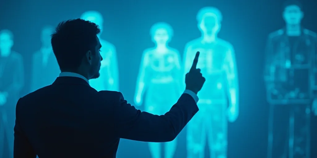 a man in a suit pointing at something with a finger up in front of him and a blue background, Carlos