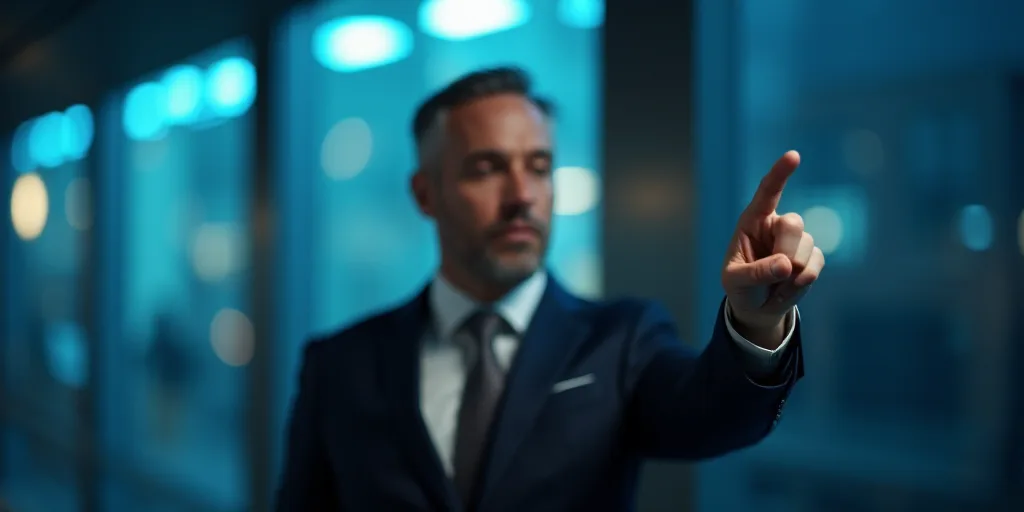 a man in a suit pointing at something with his finger and a blurry background of a building and a bl