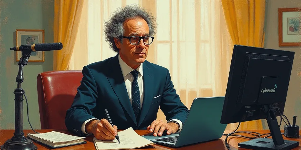 a man in a suit sitting at a desk with a laptop and a monitor in front of him and a microphone in th