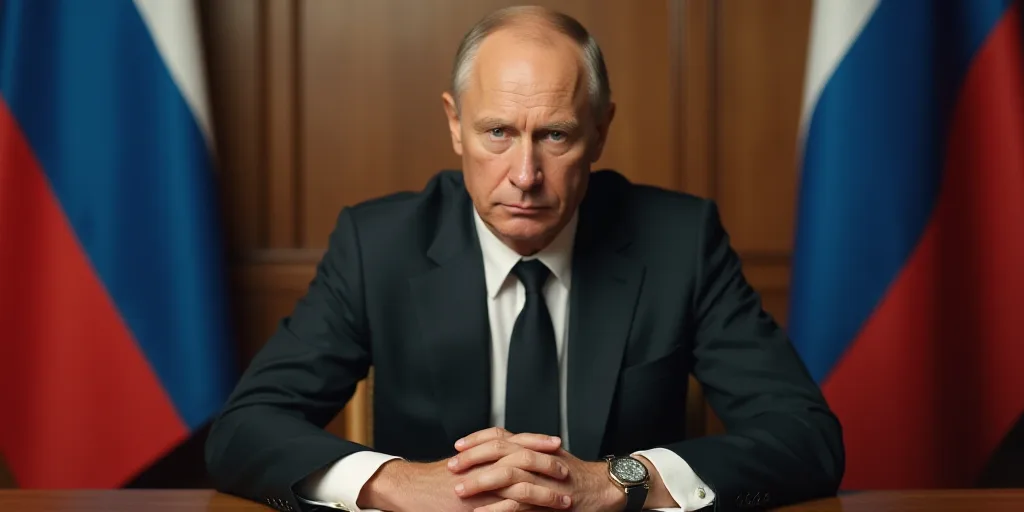 a man in a suit sitting at a table with a russian flag behind him and a russian flag behind him, Bor