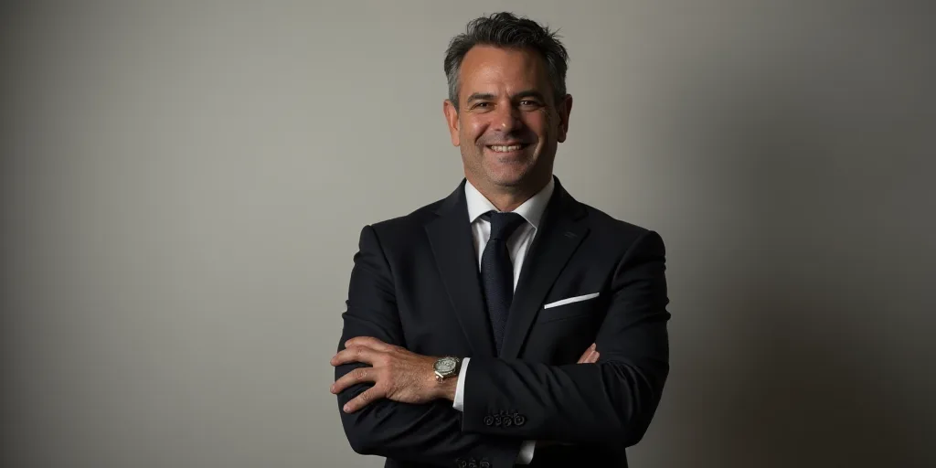 a man in a suit smiling for the camera with his arms crossed and his hands folded out in front of hi