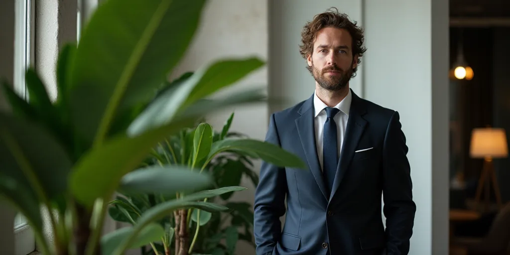 a man in a suit standing in an office with a plant in the background and a potted plant in the foreg
