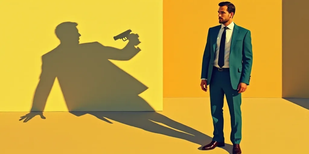 a man in a suit standing next to a shadow of a man in a suit and tie with a gun in his hand, Edi Ram