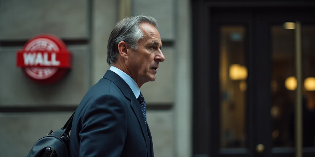 a man in a suit walks past a wall street sign on a building in new york city, new york, Andries Stoc