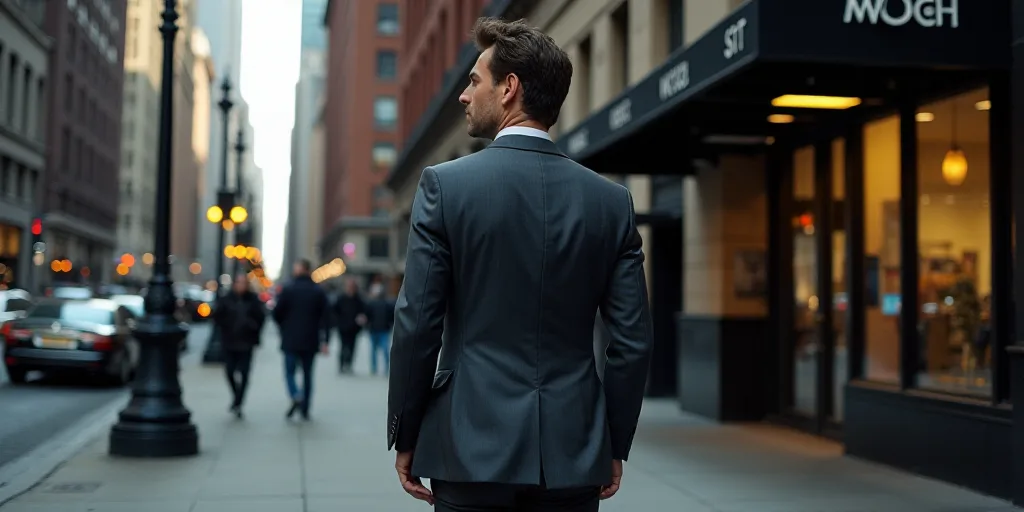 a man in a suit walks past a wall street sign on a building in new york city, new york, Andries Stoc