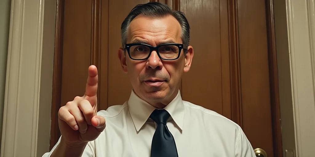 a man in a tie and glasses making a gesture with his finger up in front of him and a wooden door beh