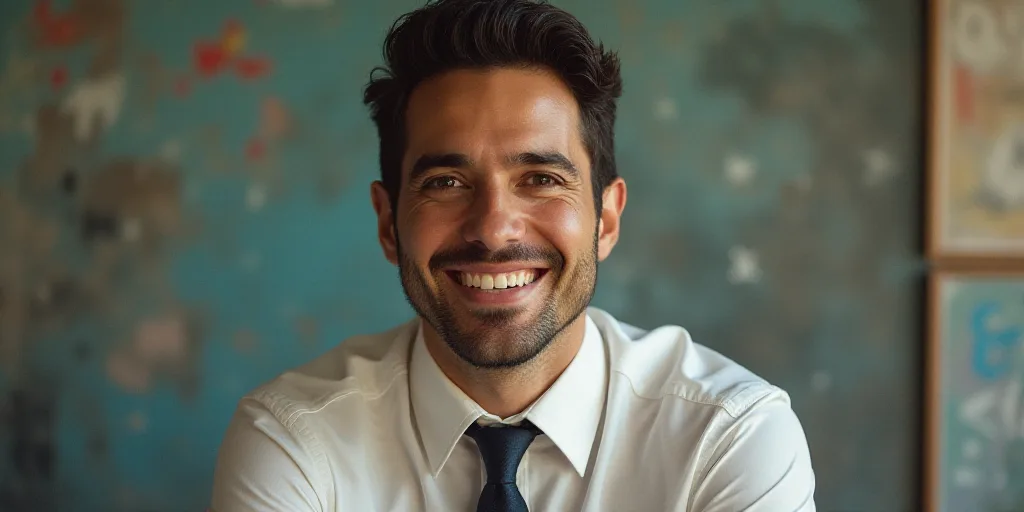 a man in a tie is smiling for the camera with a caption in spanish above him that reads, enrique cam