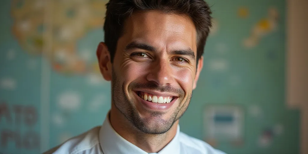a man in a tie is smiling for the camera with a caption in spanish above him that reads, enrique cam