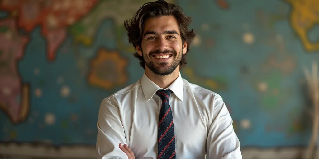 a man in a tie is smiling for the camera with a caption in spanish above him that reads, enrique cam