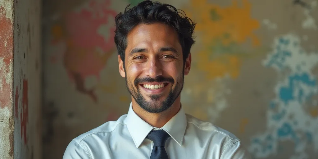 a man in a tie is smiling for the camera with a caption in spanish above him that reads, enrique cam