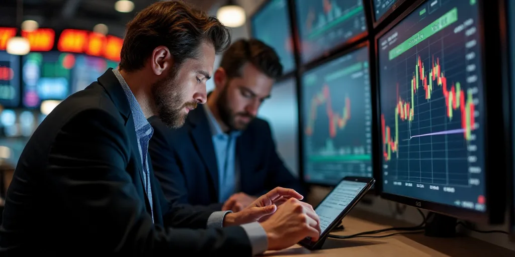 a man in a trading booth looking at a tablet computer screen with a price tag on it while another ma