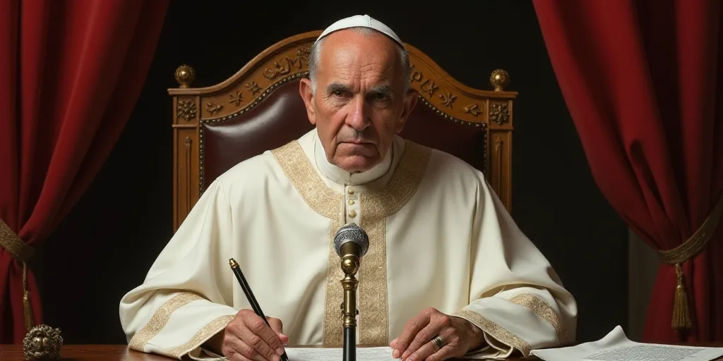 a man in a white robe sitting in a chair with a microphone and papers in front of him and a micropho