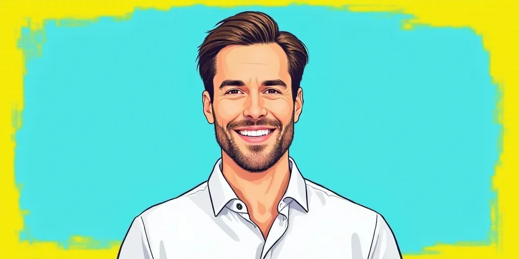 a man in a white shirt is smiling for a picture with a blue background and a yellow border around hi