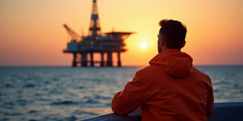 a man in an orange jacket standing on a boat looking at an oil rig in the ocean at sunset, Bascove,