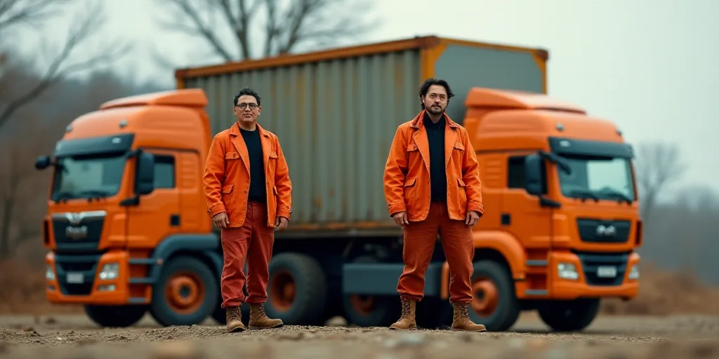 a man in orange is standing next to a truck and a man in a red suit is standing next to a truck, Cao