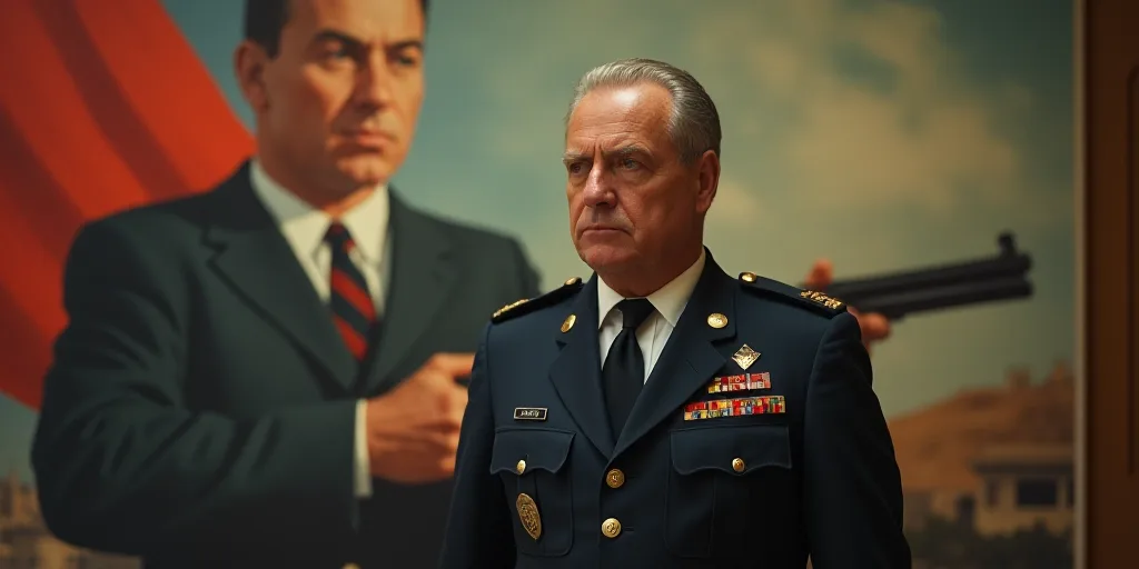 a man in uniform standing in front of a poster of a man in a suit and tie with a gun, Carl Gustaf Pi