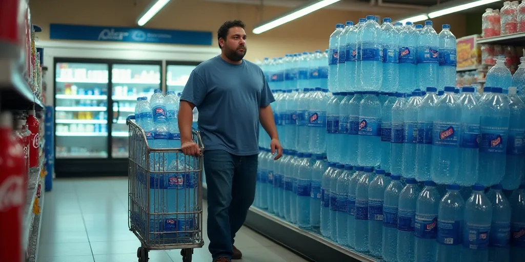a man is carrying a cart of bottled water in a store aisle with a cooler behind him and a large stac