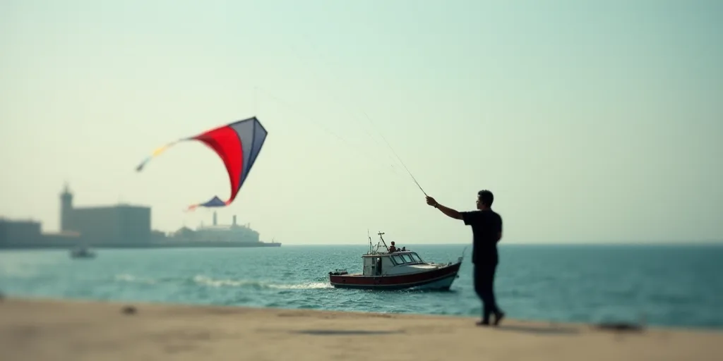 a man is flying a kite on a pier near a boat in the water and a ship in the background, Fathi Hassan