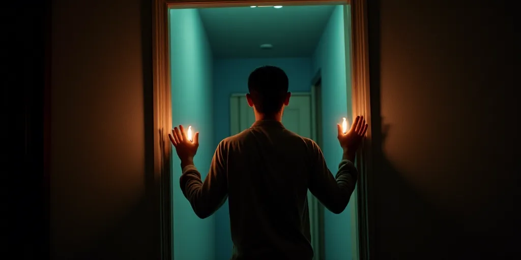 a man is holding his hands out in a doorway at night time, with a light on his left hand, Amir Zand,