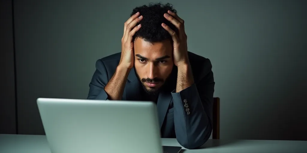 a man is sitting at a table with his hands on his head and a laptop in front of him, Évariste Vital
