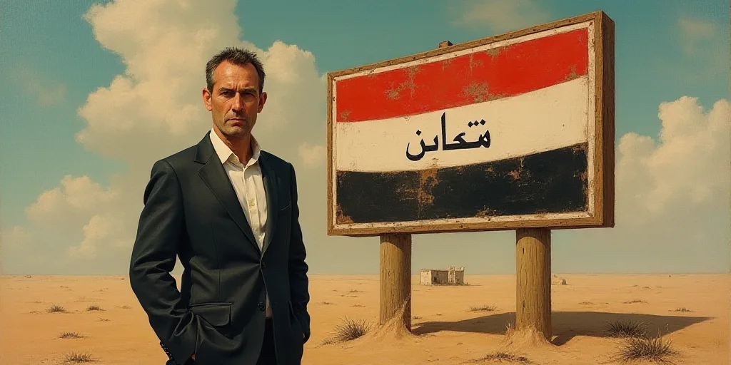 a man is standing in front of a sign with the name of the country of iraq on it and a map of the cou
