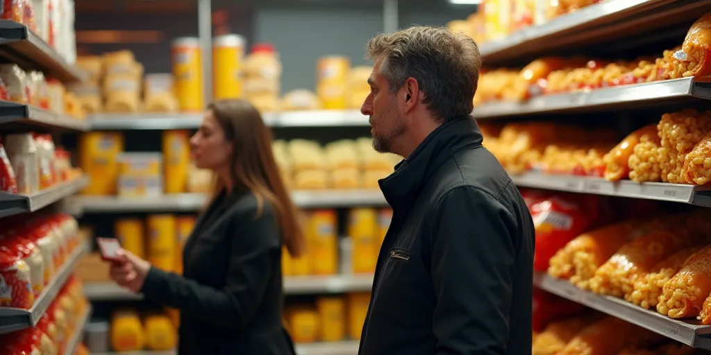 a man is walking past a display of pringles in a store with a woman in the background, Cristache Ghe
