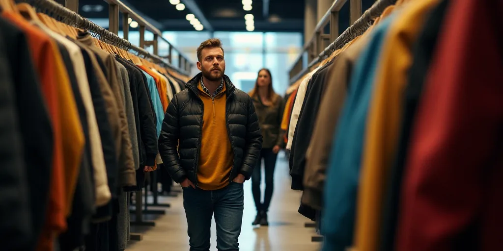 a man is walking through a clothing store with a rack of jackets and jackets on display behind him i