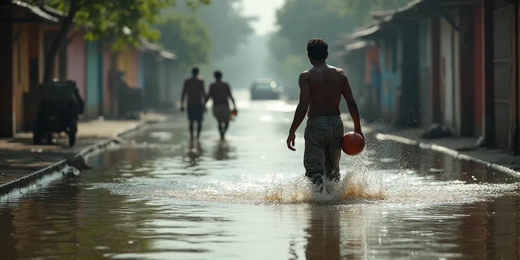 a man is walking through a flooded street with a ball in his hand and another man is holding a water