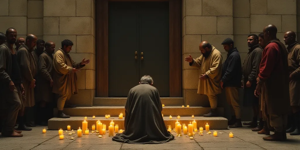 a man kneeling down in front of a building with candles in front of it on the ground and people stan