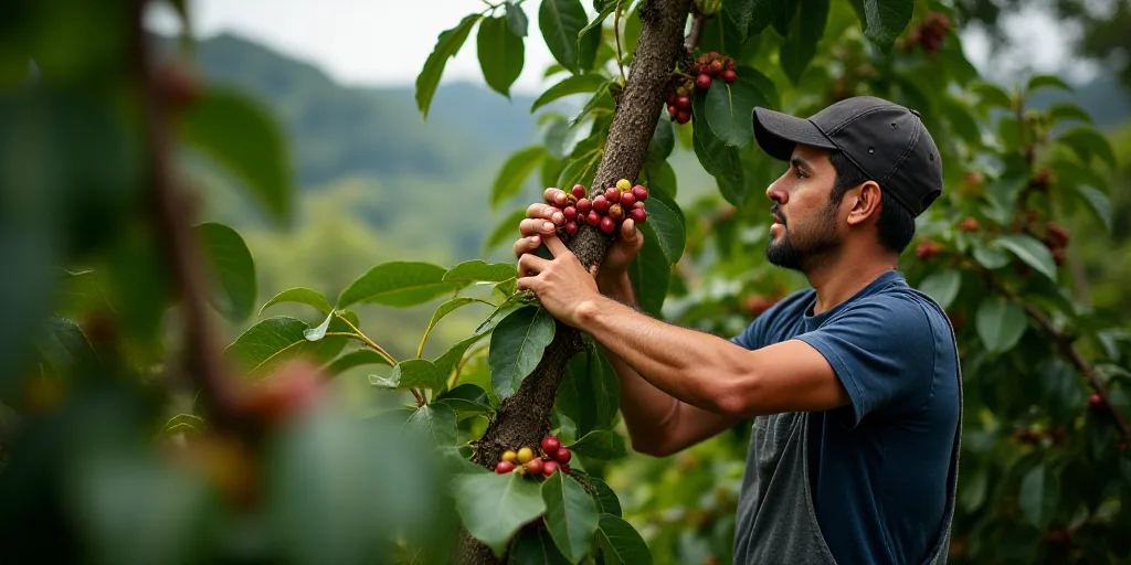 a man picking coffee beans from a tree in a coffee plantation in the country of colombia, latin amer