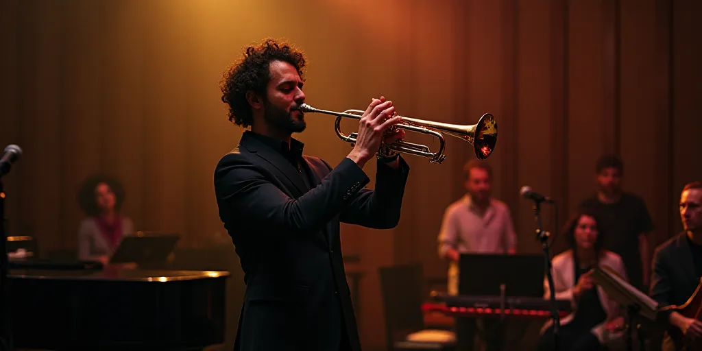 a man playing a trumpet in front of a band of people in a room with a piano and a microphone, Bedwyr